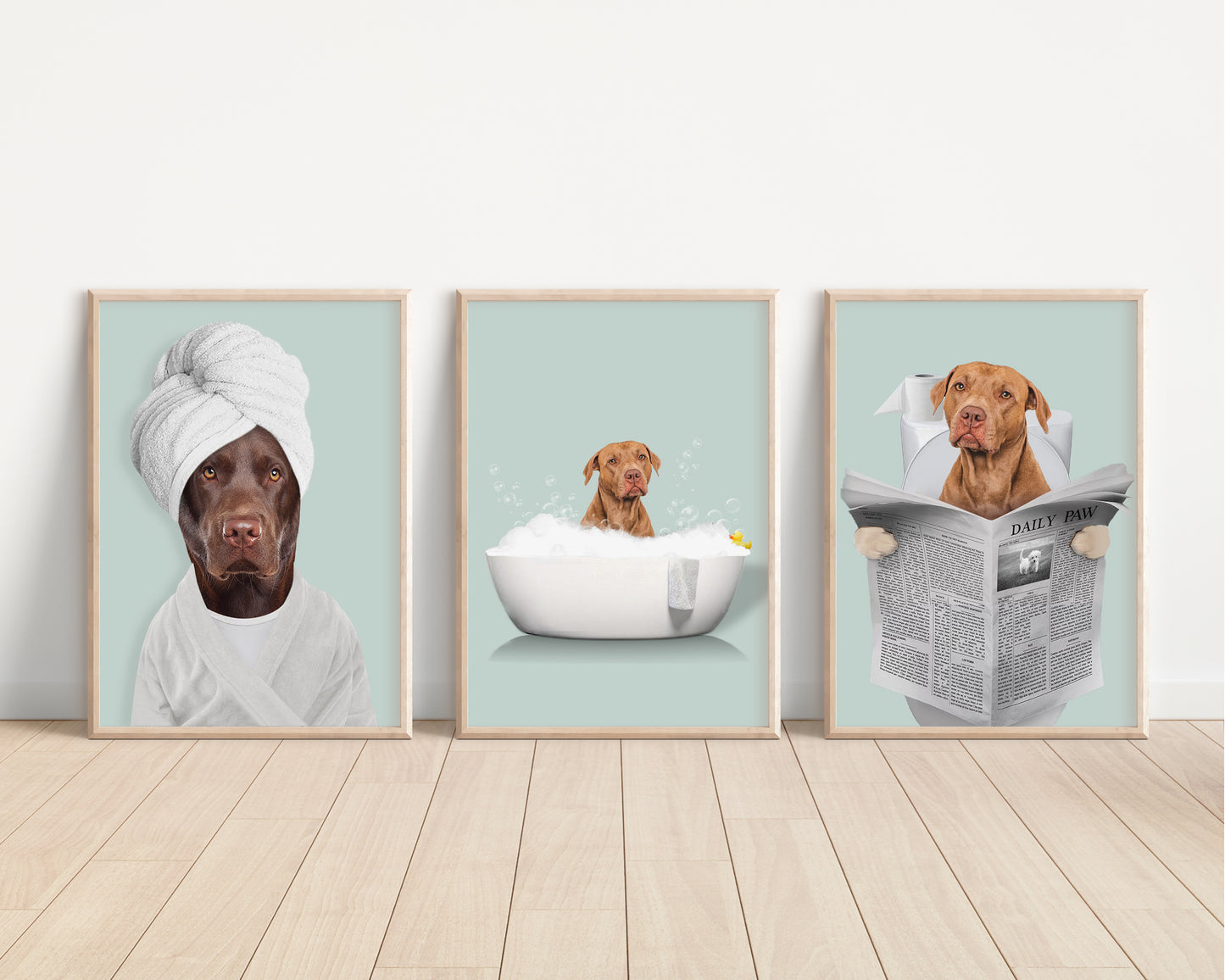 Custom Pet Portraits Set of 2, Funny Dog or Cat Portrait, Pet inrobe, Dog in Toilet, Personalized pet gift, Kids Bathroom Art, Dog Mom